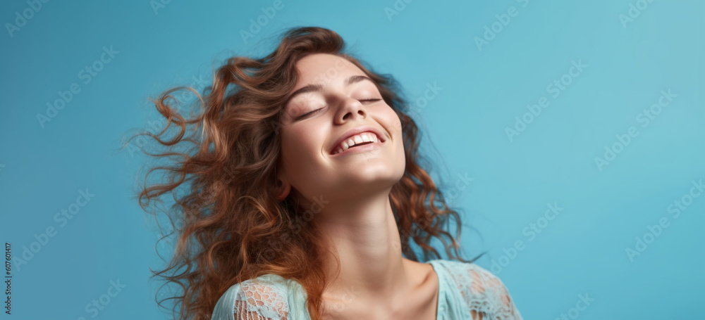 portrait of a woman with closed eyes and happy expression. Image generative AI. portrait of a woman with closed eyes and happy expression. Image generative AI.