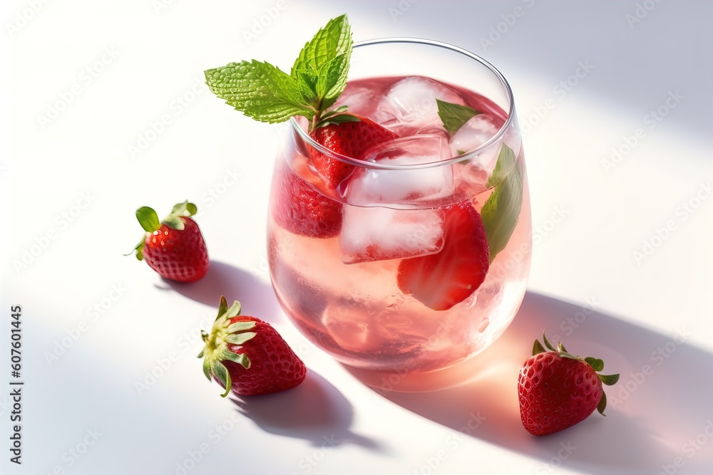Red alcoholic cocktail strawberry mojito with berries and mint leaves on the background Red alcoholic cocktail strawberry mojito with berries and mint leaves on the background