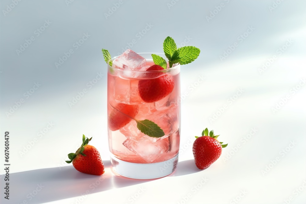 Red alcoholic cocktail strawberry mojito with berries and mint leaves on the background Red alcoholic cocktail strawberry mojito with berries and mint leaves on the background