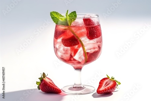 Red alcoholic cocktail strawberry mojito with berries and mint leaves on the background