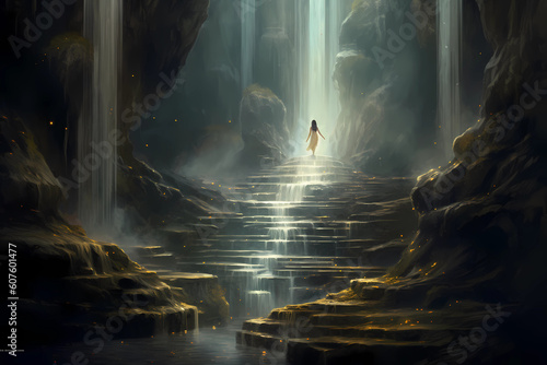 Woman off in the Distance with Ethereal Cascading Waterfalls with Moonbeam Illumination (Generative AI)