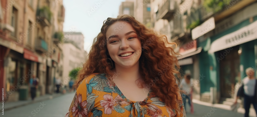 A cute plus size young girl in a city street.  Image generative AI.