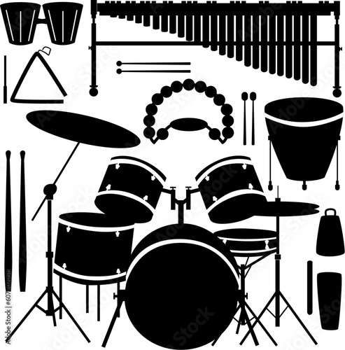 Drums, cymbals, and percussion instruments in vector silhouette