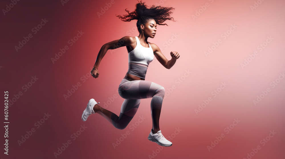 Sport woman jumping in the air. Image generative AI.