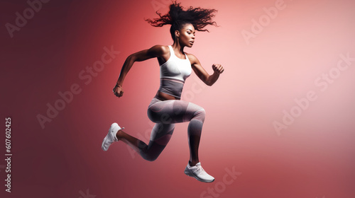 Sport woman jumping in the air. Image generative AI.