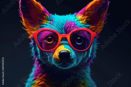 Cute wolf wearing sunglasses. animal on summer vacation, animal illustration. Ai generative © zamuruev