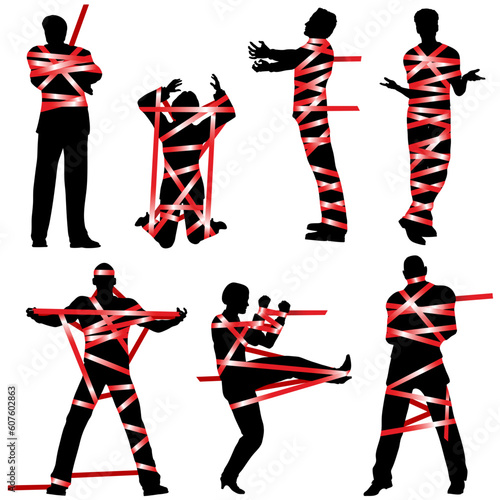 Set of editable vector silhouettes of people wrapped in red tape