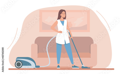 Woman cleans room concept. Young girl with vacuum cleaner in apartment. Employee of cleaning company fulfills order. Cleanliness and hygiene, routine. Cartoon flat vector illustration