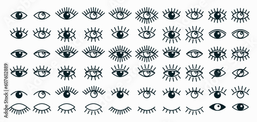 Vector Simple Flat Black and White Outline Eye Icons. Linear Open and Closed Eyes Images, Sleeping Eye Shapes with Eyelash, Supervision and Searching Signs, Observation and Search Marks Collection