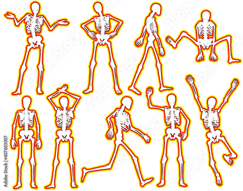 Set of editable vector skeleton outlines with a glowing edge