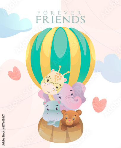 bear  giraffe  elephant and hippo in a air balloon illustration  