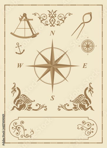 set of old nautical symbols and icons with vintage map design elements