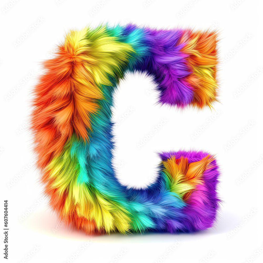 Furry letter in rainbow pride colors made of fur and feathers. Capital C Furry letter in rainbow pride colors made of fur and feathers. Capital C