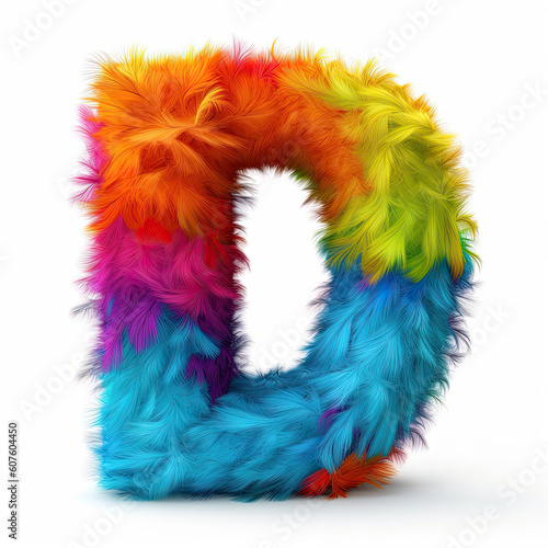 Furry letter in rainbow pride colors made of fur and feathers. Capital D