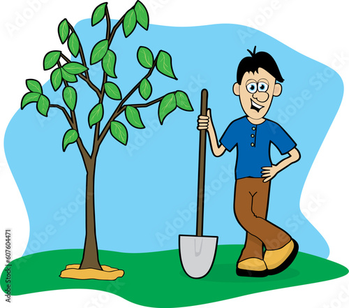 Illustration of a man planting a tree.
