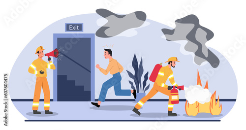 Fire alarm concept. Men in firefighter uniforms extinguish fire in building. Emergency and disaster in office. Fire emergency evacuation. Life threatening situation. Cartoon flat vector illustration