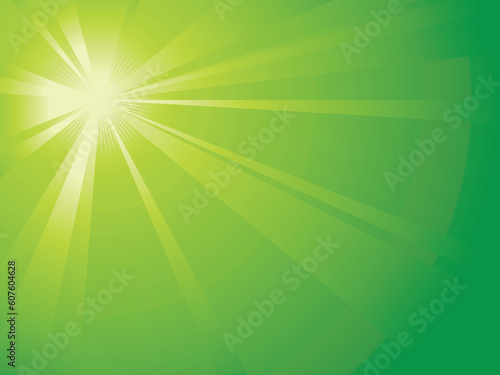 Asymmetric green light burst with the centre in the upper left third. All rays controlled by on linear gradient. Radial gradient for background, outer ring. Artwork grouped and layered. Global colors.