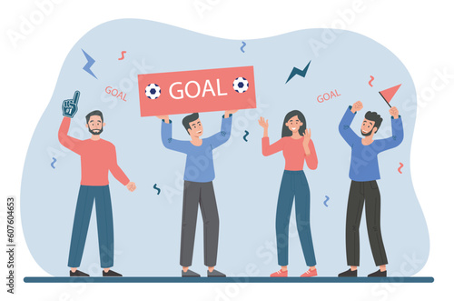 Football fans concept. Men and women celebrate goal. Active lifestyle and sports, team support. Group of characters cheering and screaming during match. Cartoon flat vector illustration