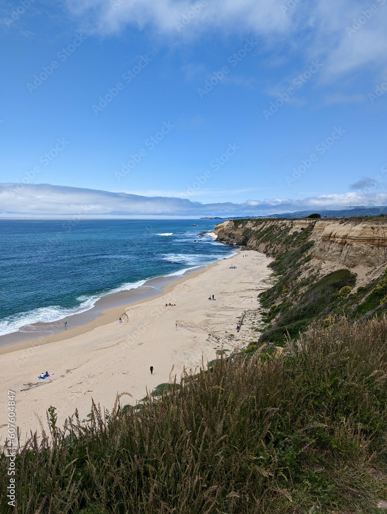 view of the coastal cliffs and Pacific Ocean beach in Half Moon Bay, California