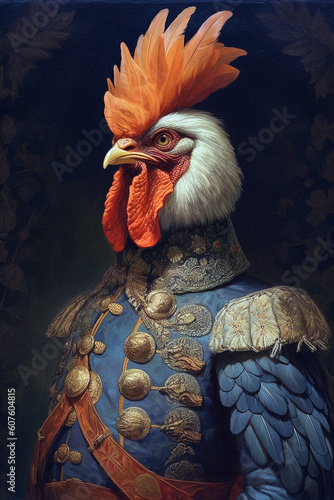 Simulation of a classic oil painting of a rooster in military clothing in renaissance style