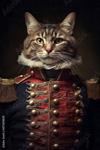Simulation of a classic oil painting of a cat in military clothing in the classical renaissance style