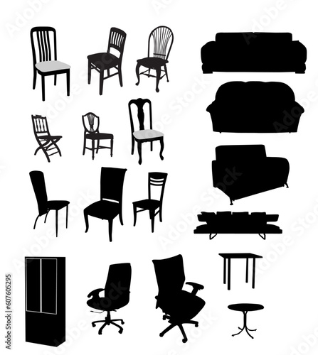 Silhouettes of furniture vector illustration, black and white color