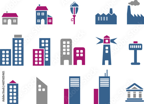 Vector icons pack - Blue-Fuchsia Series, city collection