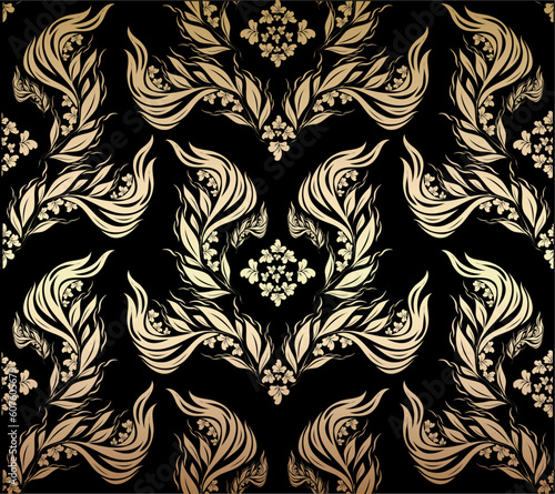 Vector decorative golden seamless floral ornament on a black background