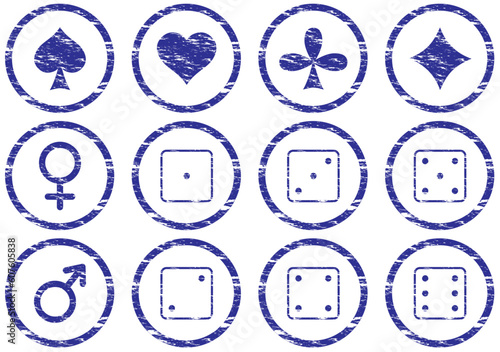 Games icons set. Grunge. White - dark blue palette. Vector illustration.