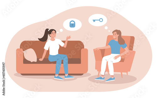 Therapy session concept. Psychologist with client helps to find answers to questions. Mental health and psychology. Thoughtful young girl with girlfriend at couch. Cartoon flat vector illustration