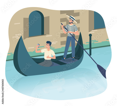 Venetian gondola concept. Men sailing in boat on river. Characters vacationing in Italy. Tourists in Venice. Leisure and holiday, travel and trip on water. Cartoon flat vector illustration