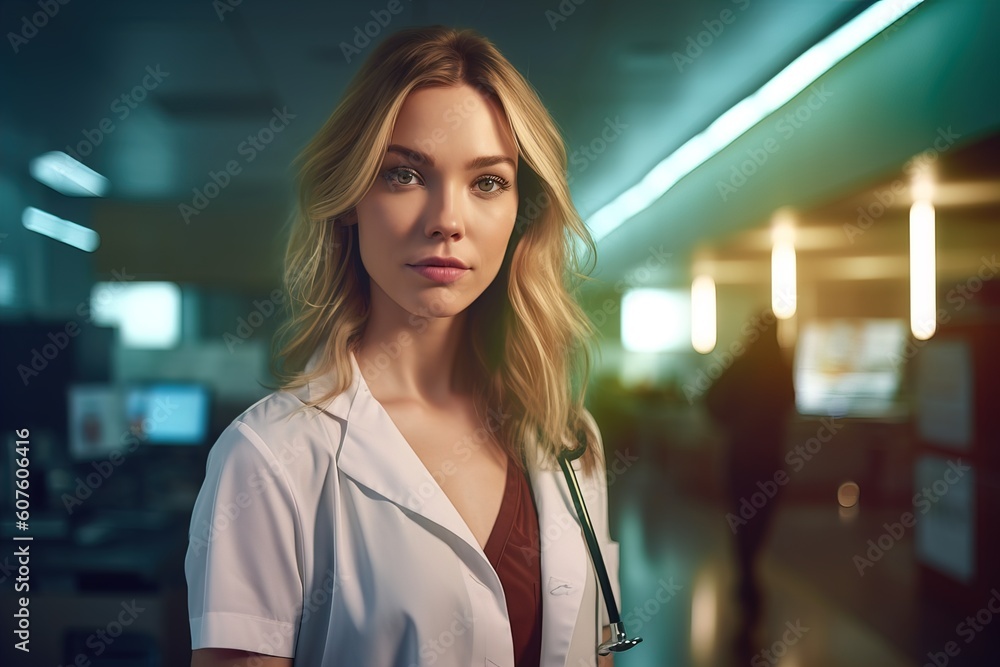 Obraz premium Portrait confident young female doctor medical professional standing on hospital clinic hallway windows background.