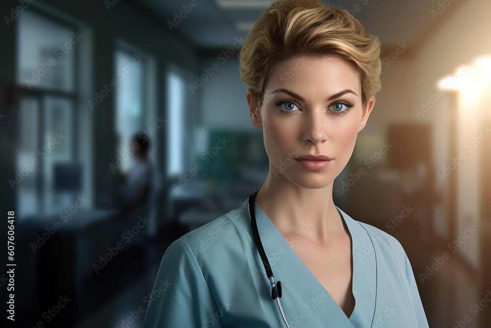 Portrait confident young female doctor medical professional standing on hospital clinic hallway windows background. Portrait confident young female doctor medical professional standing on hospital clinic hallway windows background.