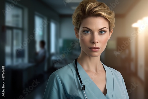 Portrait confident young female doctor medical professional standing on hospital clinic hallway windows background.