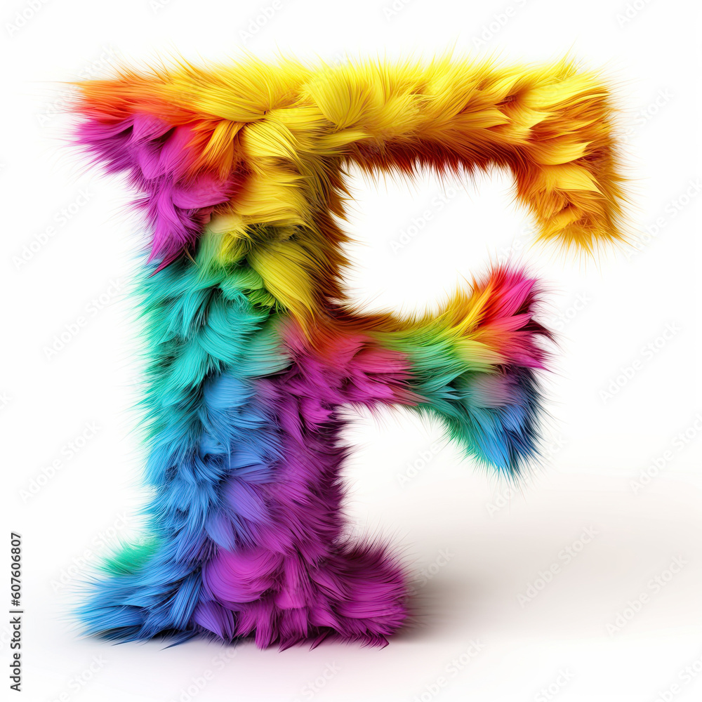 Furry letter in rainbow pride colors made of fur and feathers. Capital F Furry letter in rainbow pride colors made of fur and feathers. Capital F