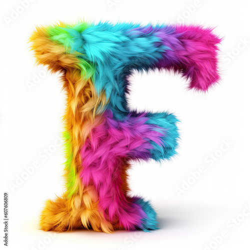 Furry letter in rainbow pride colors made of fur and feathers. Capital F