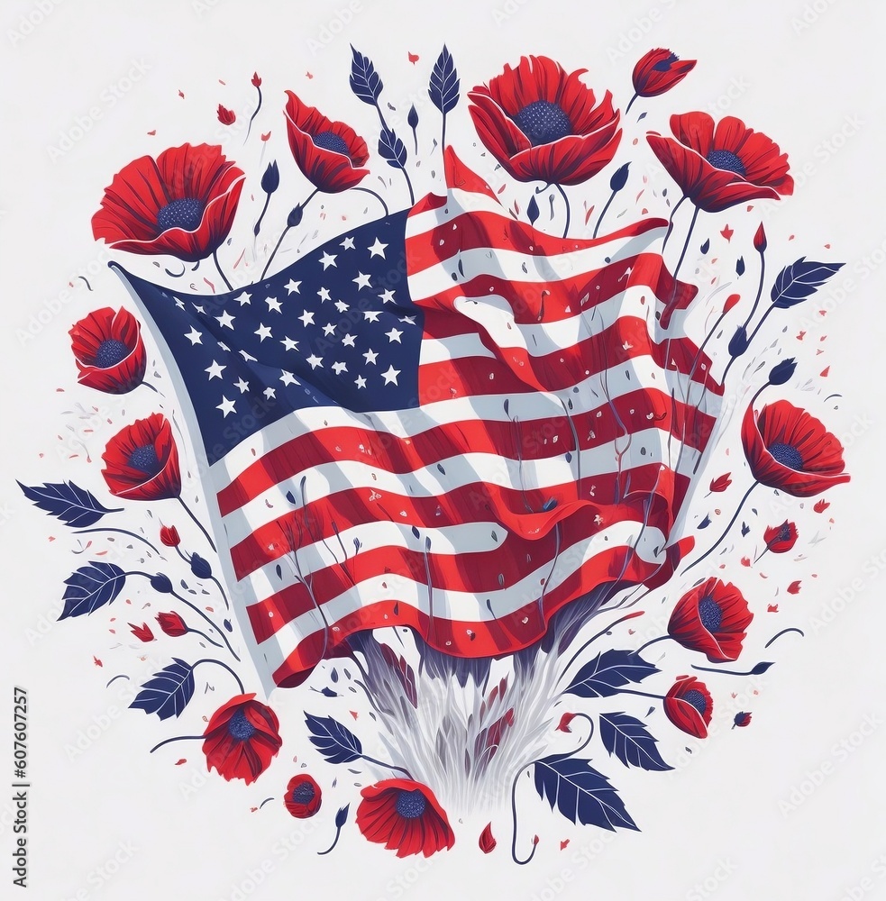 american flag with flowers created with Generative AI technology