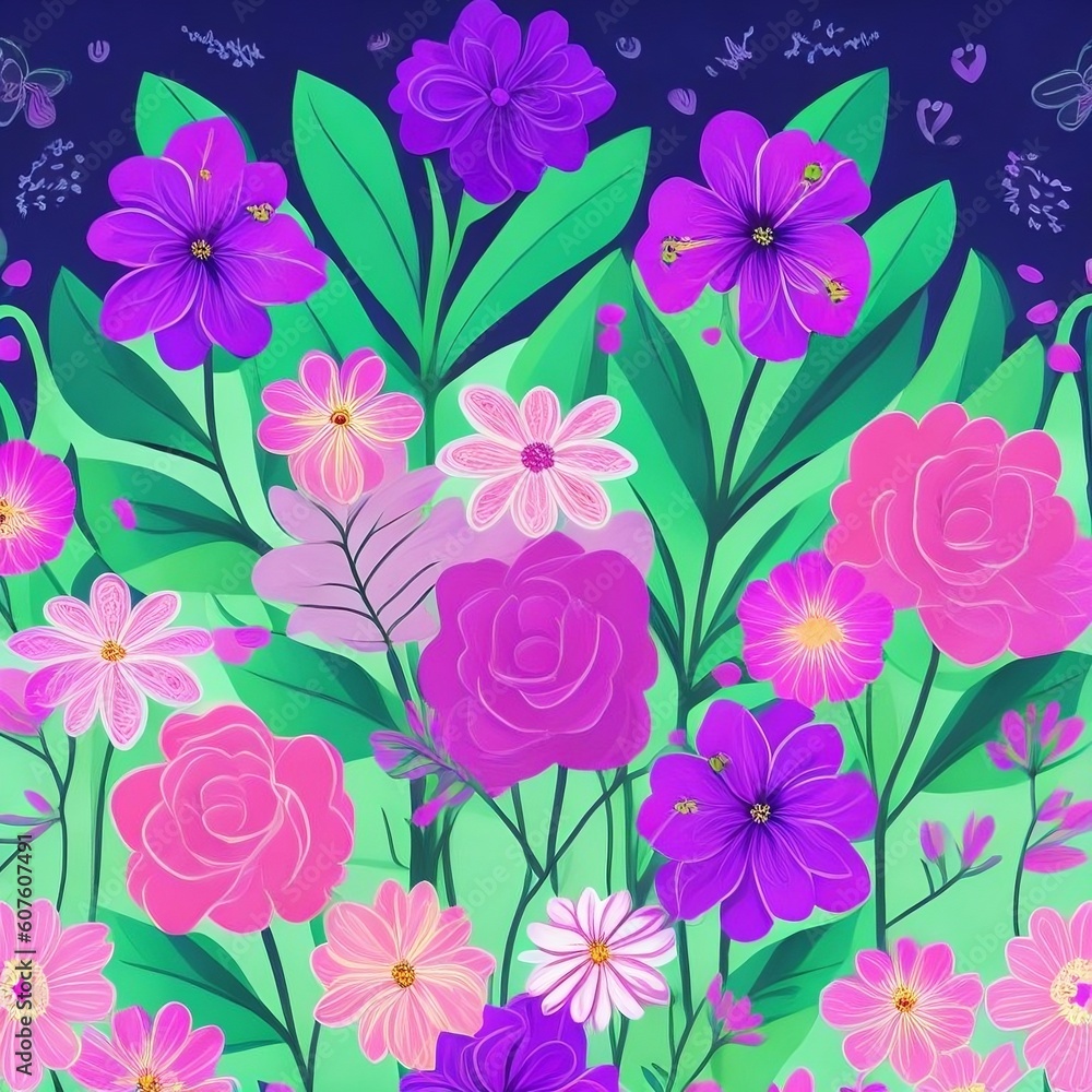 seamless pattern with pink flowers created with Generative AI technology