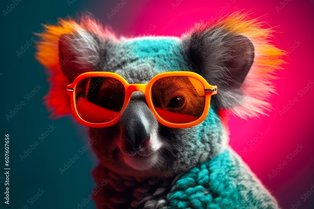 Cute koala wearing sunglasses. animal on summer vacation, animal illustration. Ai generative