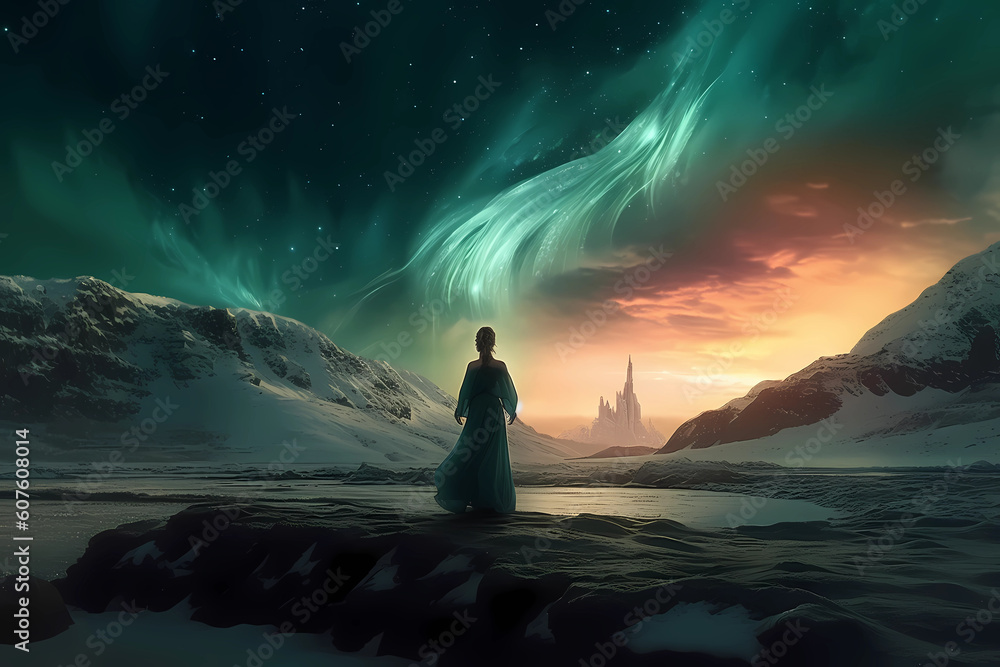 Woman in Dress Gazing up at an Ethereal Mesmerizing Aurora with Snowy Mountains (Generative AI)