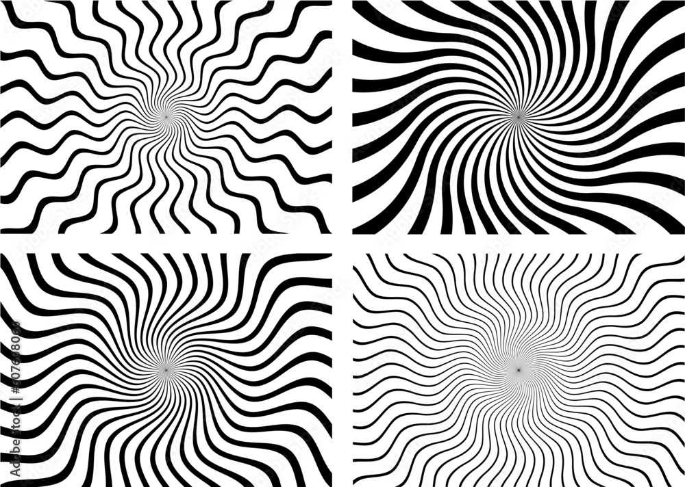 Set of four black and white hypnotic spiral wave rays backgrounds. Psychedelic sunburst retro designs