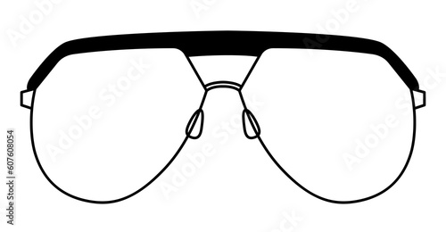 Angular Aviator frame glasses fashion accessory illustration. Sunglass front view for Men, women, unisex silhouette style, flat rim spectacles eyeglasses with lens sketch outline isolated on white