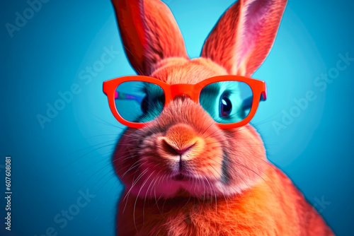 Red-brown cute baby rabbit wearing glasses sitting on blue background. Lovely action of young brown rabbit.