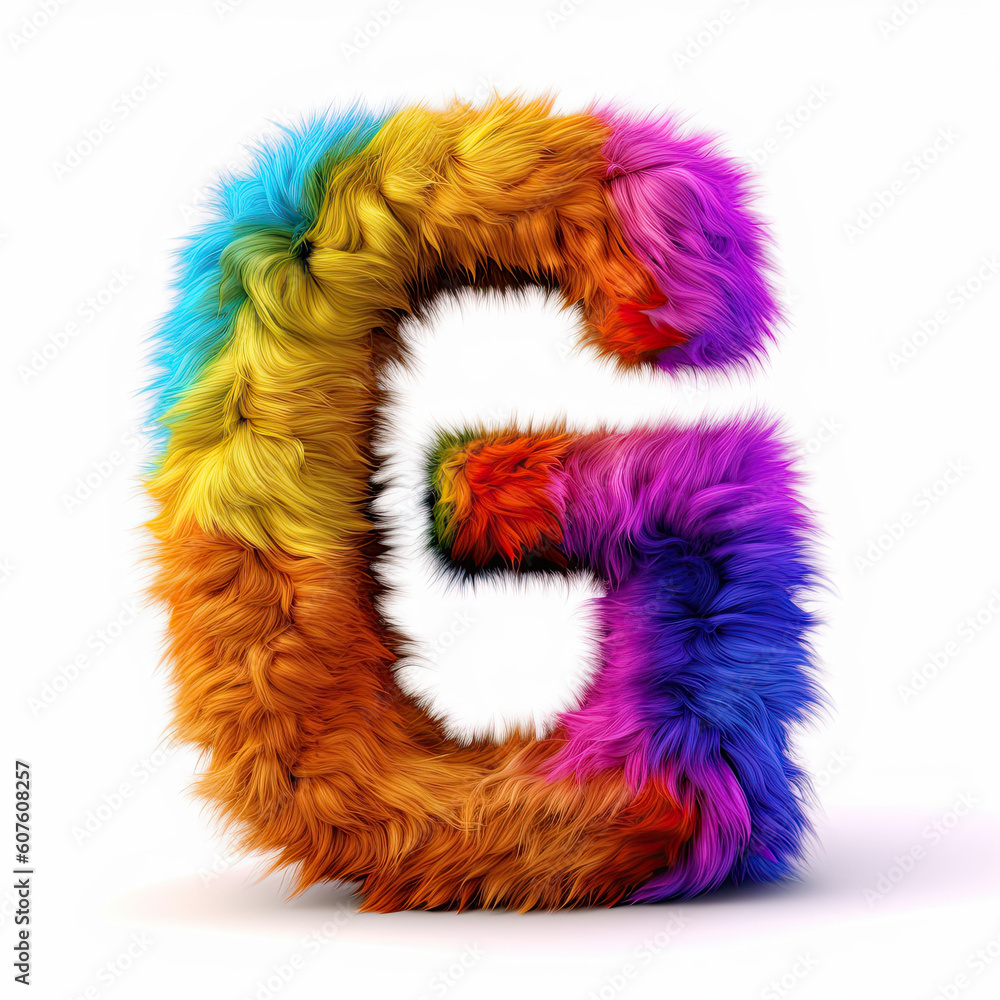 Furry letter in rainbow pride colors made of fur and feathers. Capital G Furry letter in rainbow pride colors made of fur and feathers. Capital G