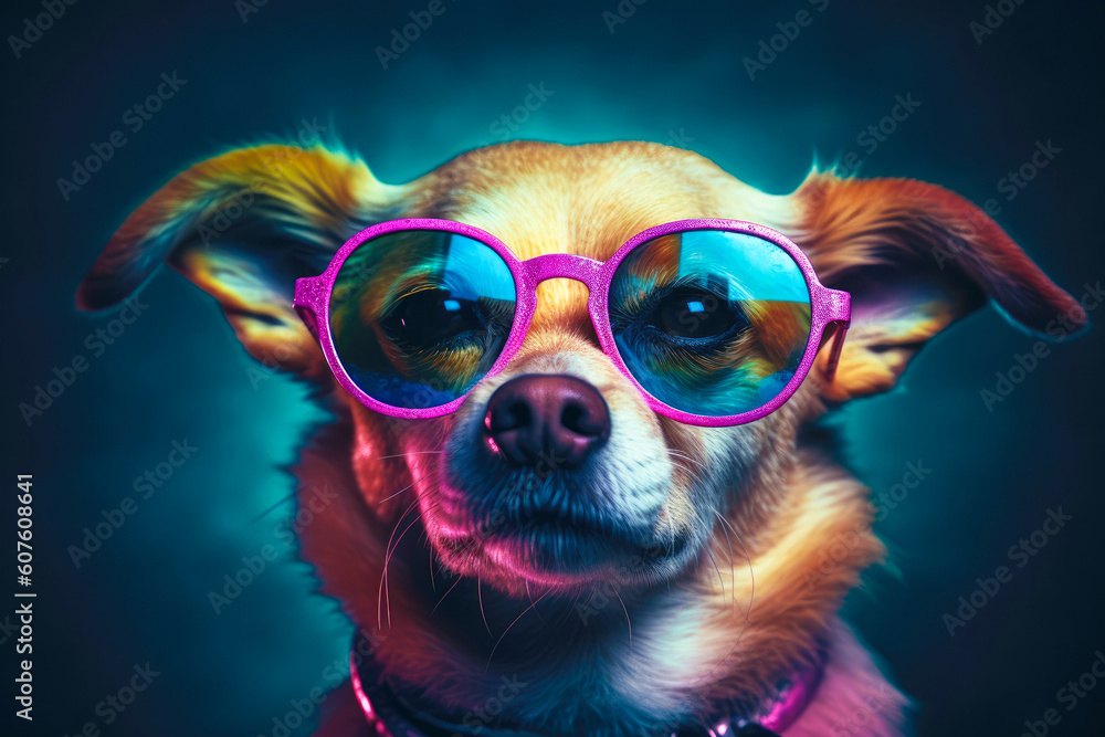 Cute dog wearing glasses. animal on summer vacation, animal illustration. Ai generative Cute dog wearing glasses. animal on summer vacation, animal illustration. Ai generative