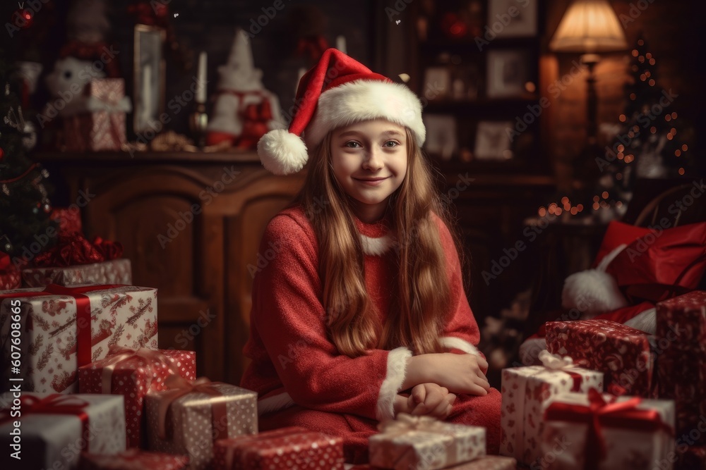 Young female Santa Claus, dressed in her iconic red and white suit. The background be a cozy living room with a Christmas tree and a fireplace. Generative Ai