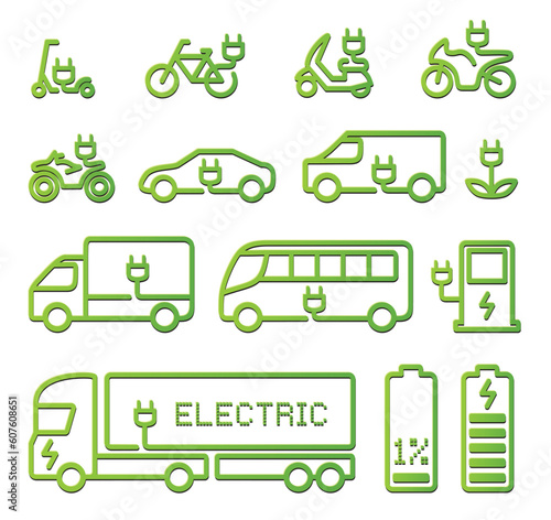 electric vehicles vector icons set: bike, scooter, car, motorbikes, bus, truck, van, charge station, plug, eco power, transport, green energy