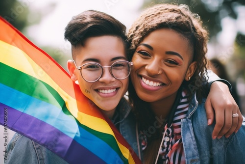 This image features a couple holding an LGBT flag, embracing and smiling for the camera. The scene is perfect for showcasing love and acceptance. Generative AI photo