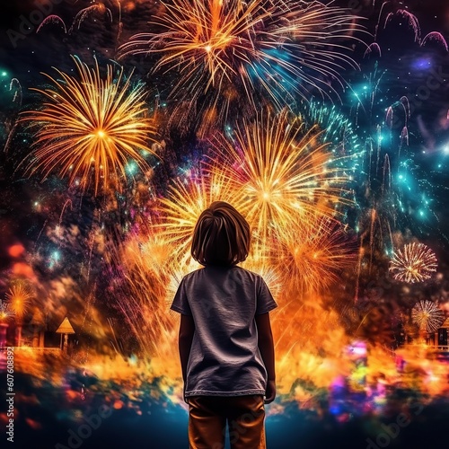 Generative AI Child of a child from the back, watching colorful fireworks. Silhouette looking up. 