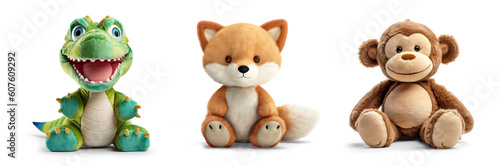 cutout set of 3 stuffed animal toys isolated on transparent png background - Generative AI